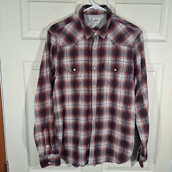 Lucky Brand Button Up Shirt Mens Size M Red Blue White Plaid Flannel Pearl Snap - Picture 1 of 16
